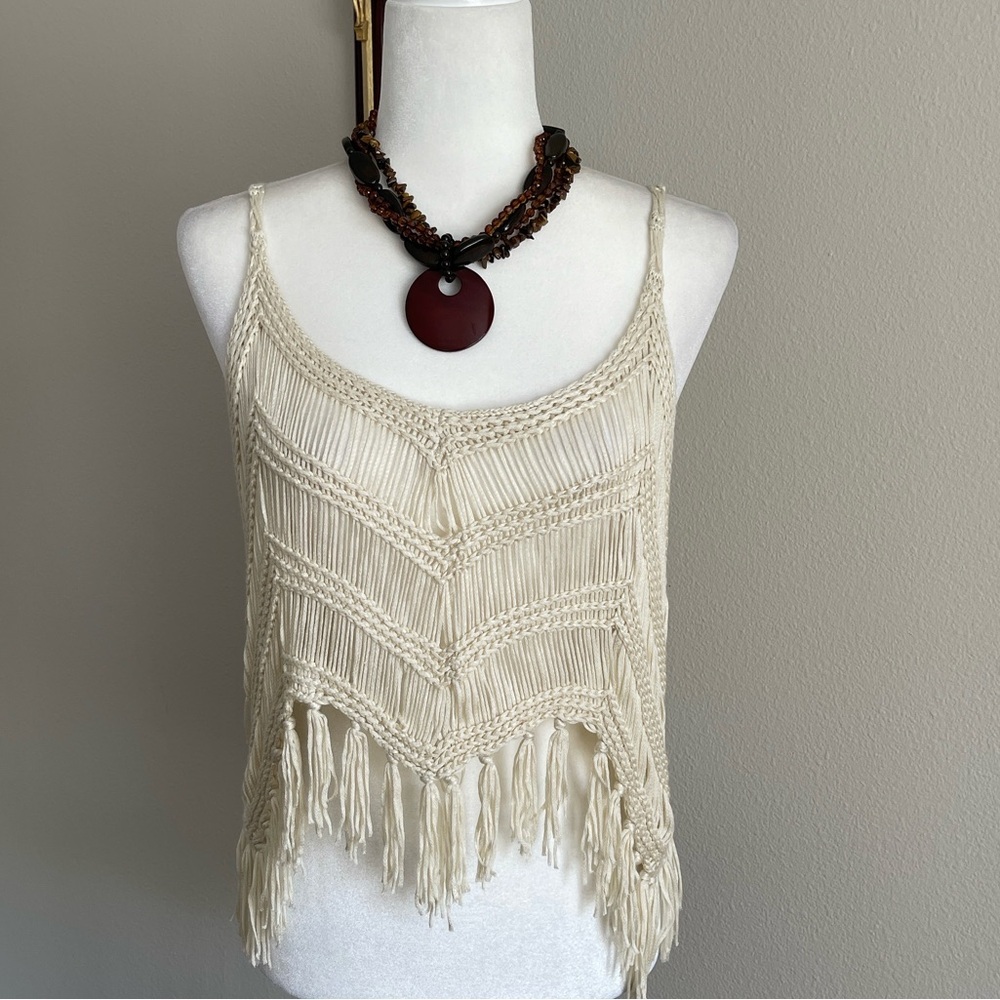 Boho Fringe Crochet Tank Top - Cream Size M